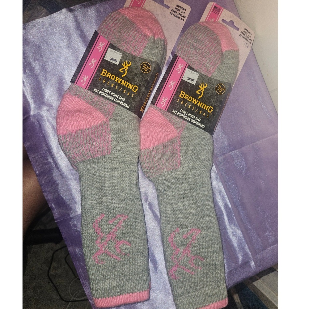 Browning 2 Pair Women Merino Wool Blend Comfy House Socks Grey Pink Logo Sz 6-9